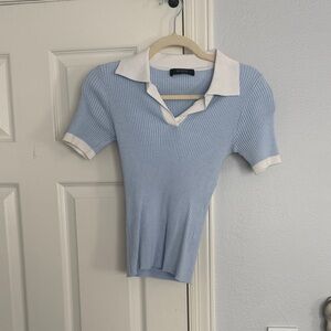 Sky Blue Ribbed Polo Blouse